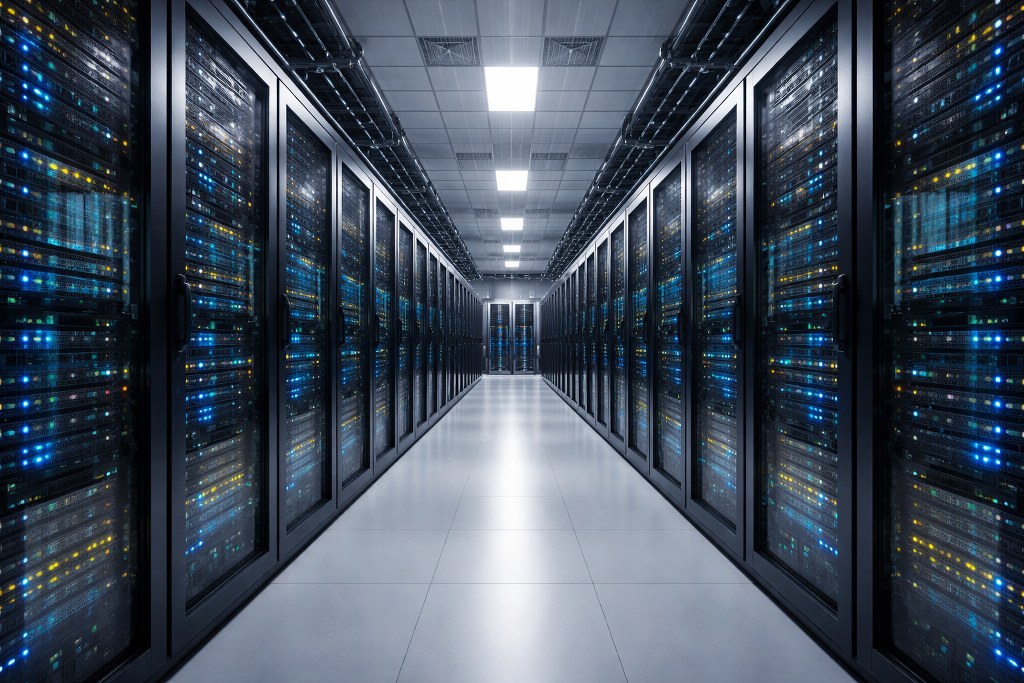 High-tech server aisle in a data center.