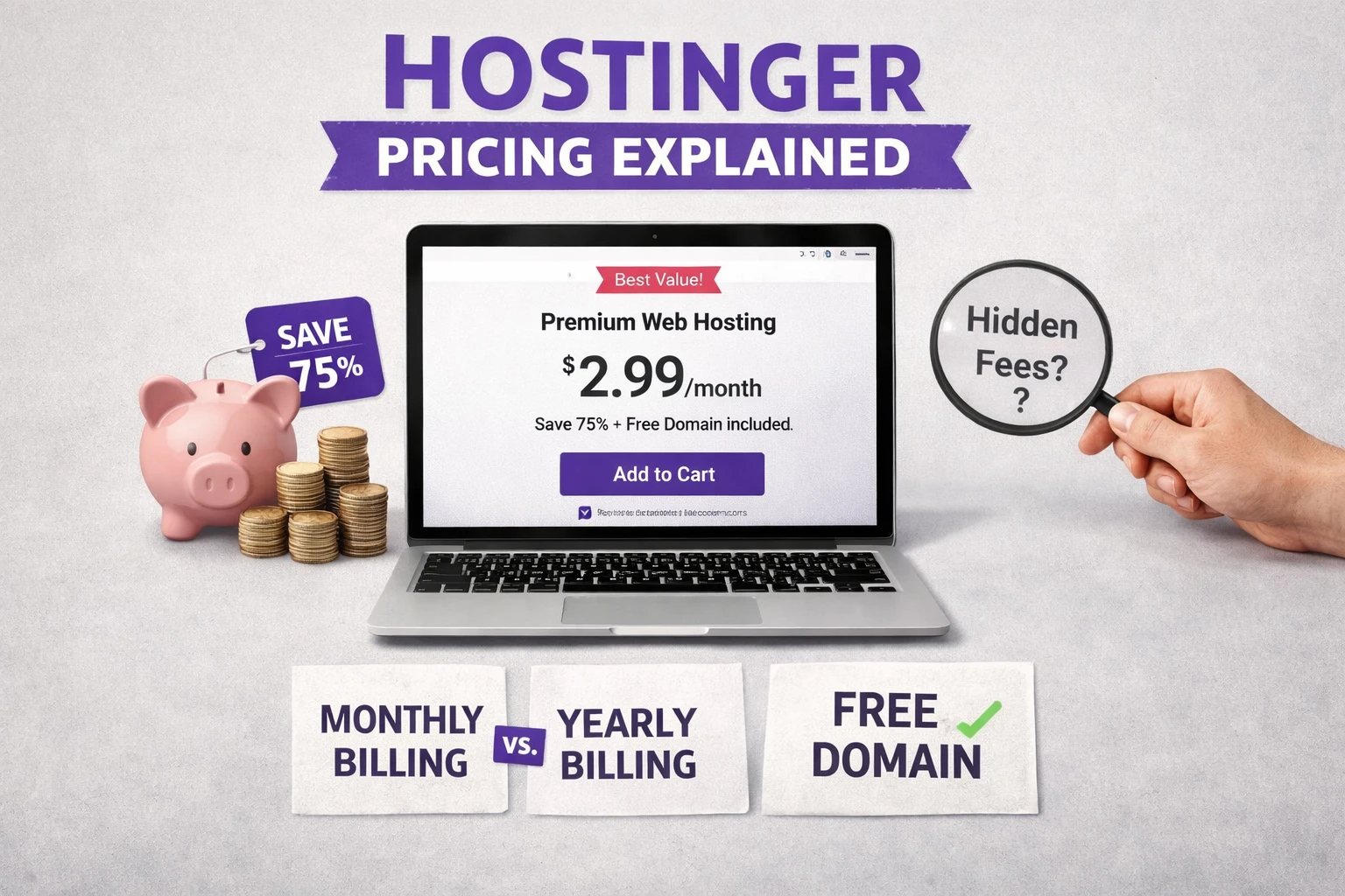 A laptop with hosting pricing, simple icons, and subtle elements highlighting value and savings.