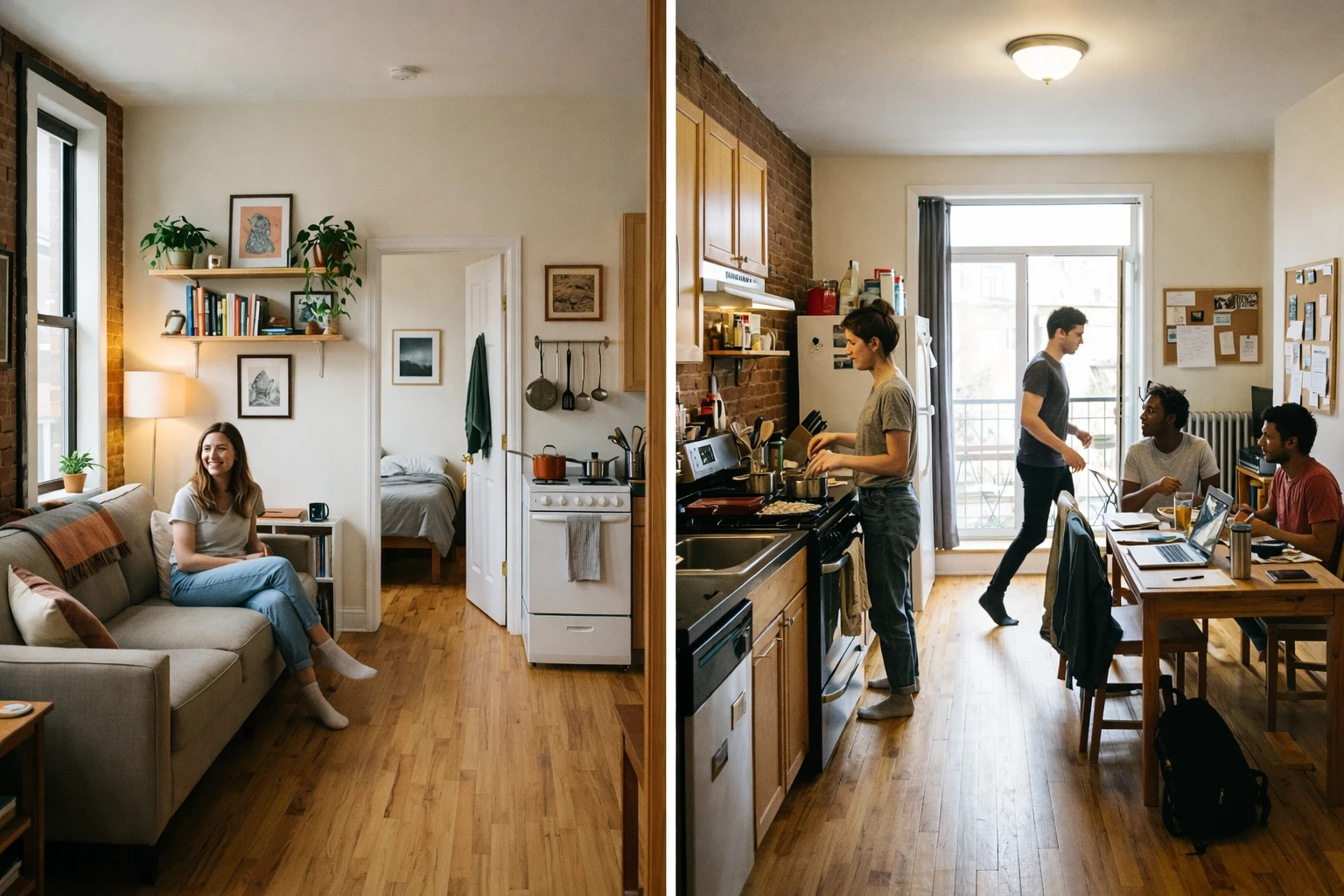 A side-by-side contrast of a private apartment and a renting a crowded living space.