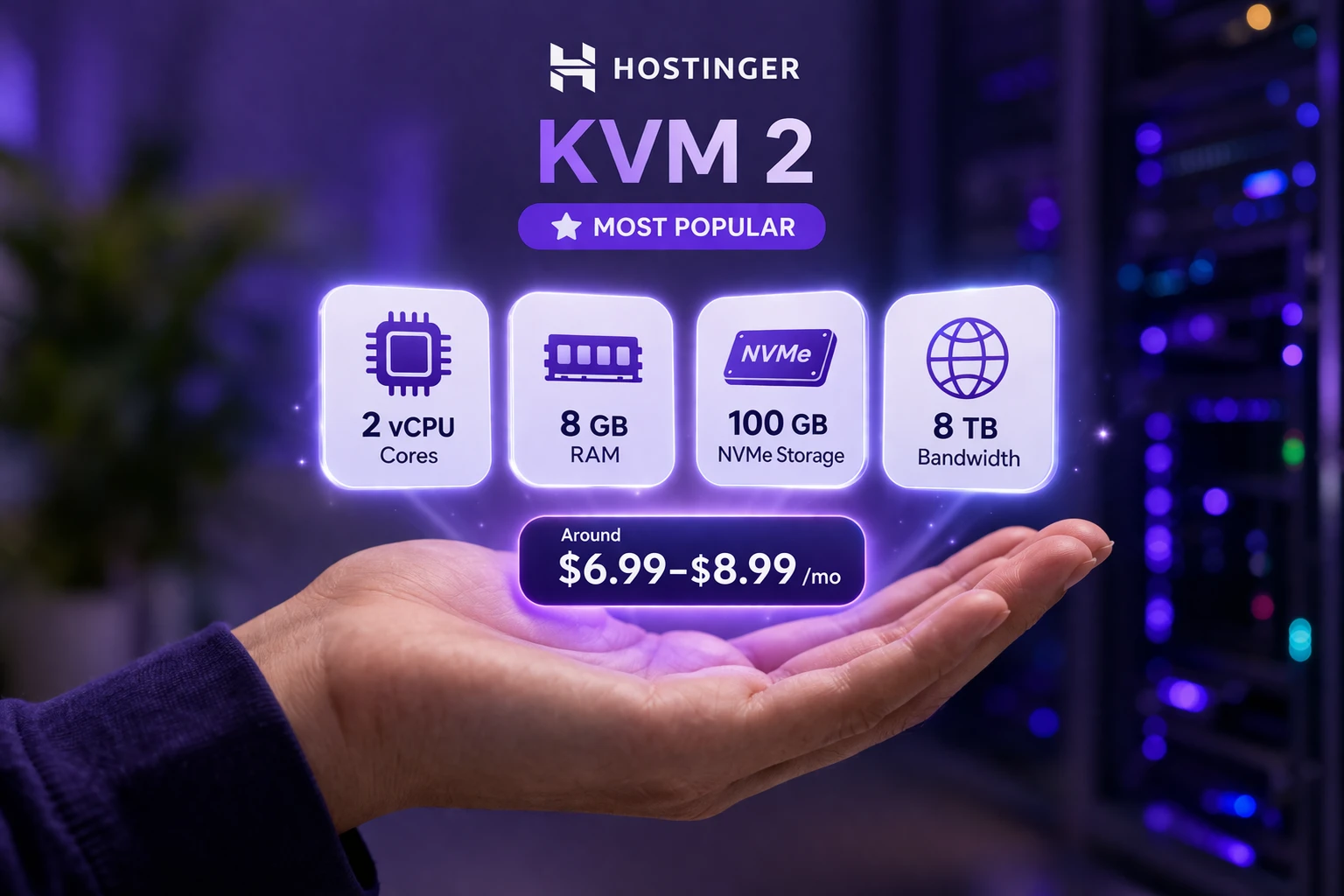 Open hand holding a glowing display of hosting features, highlighting KVM 2 plan specs and pricing.