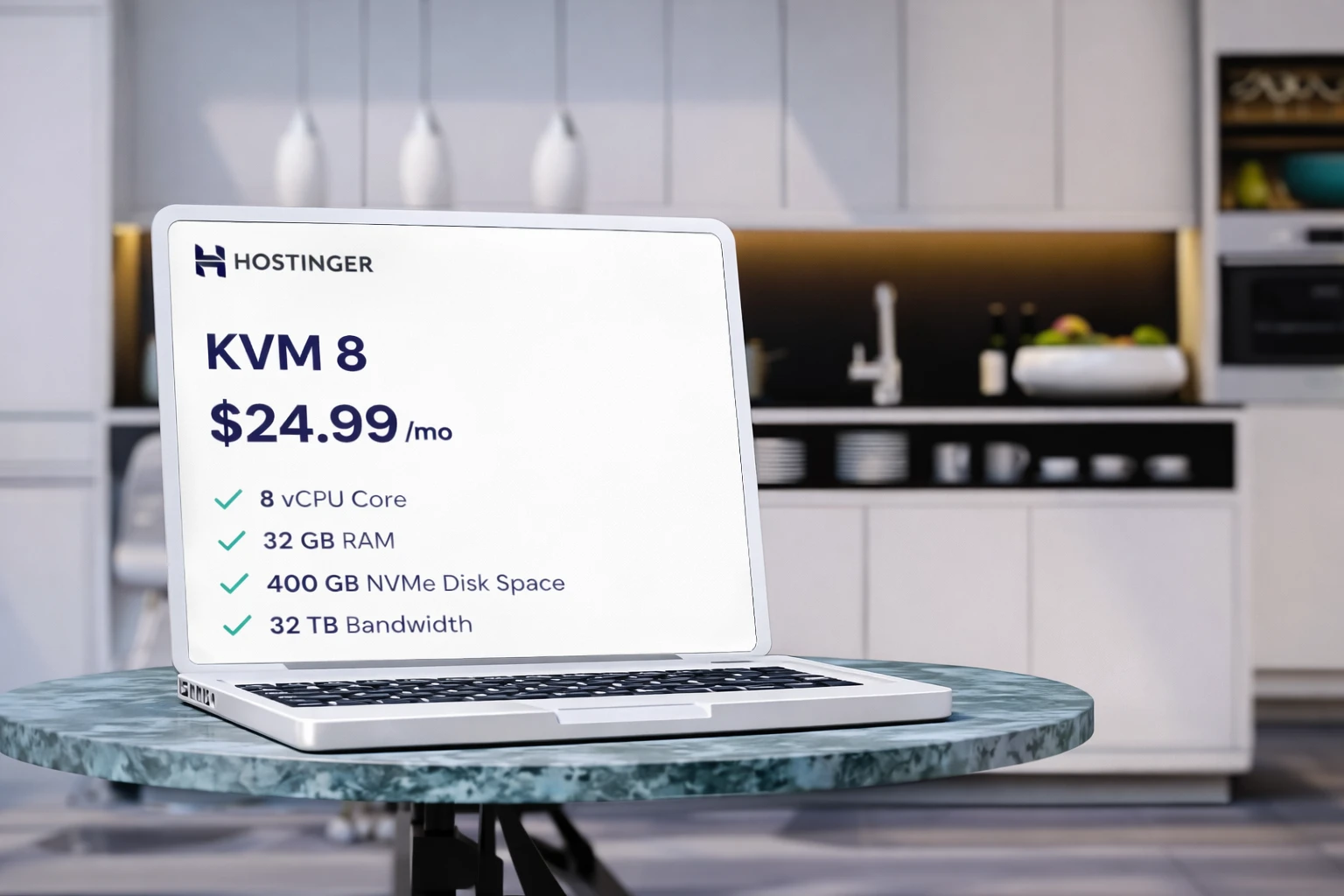 Laptop on a table displaying the KVM 8 hosting plan with pricing and specs.