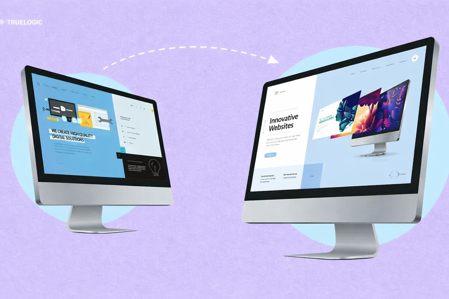 Two desktop monitors facing each other showcase modern website designs, connected by a subtle directional arrow on a soft purple background.