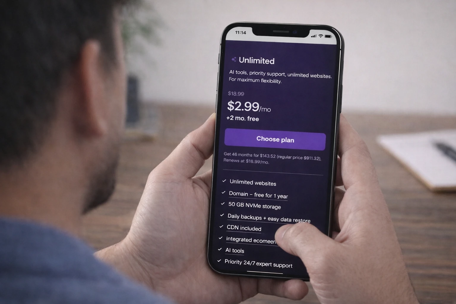 A user reviews a hosting plan on an iPhone before purchasing.