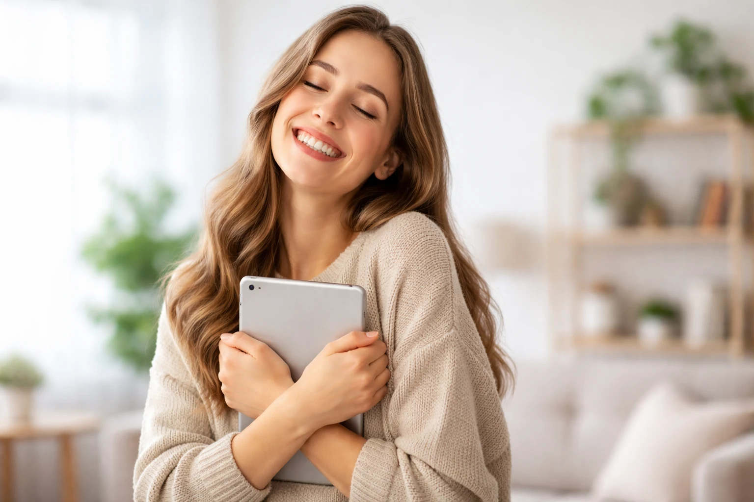 A joyful woman hugs her tablet close, smiling with contentment due to no hidden fees.