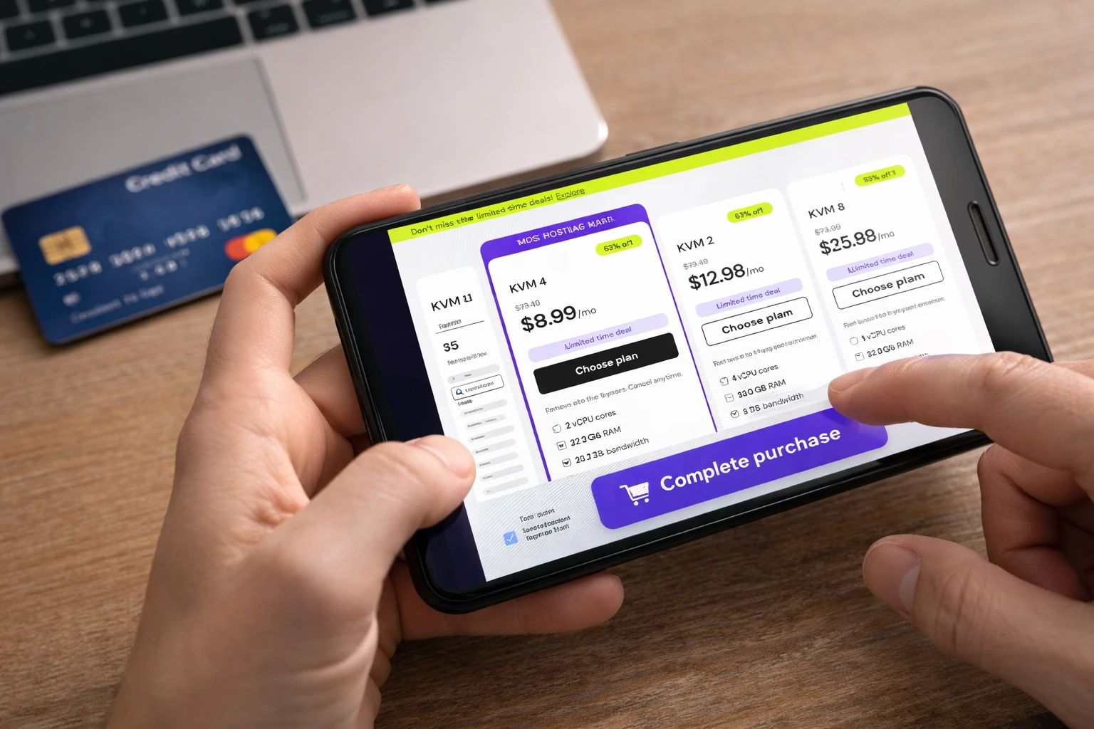 A person is about to purchase a VPS plan on a smartphone, with a credit card nearby and finger hovering over the buy button.