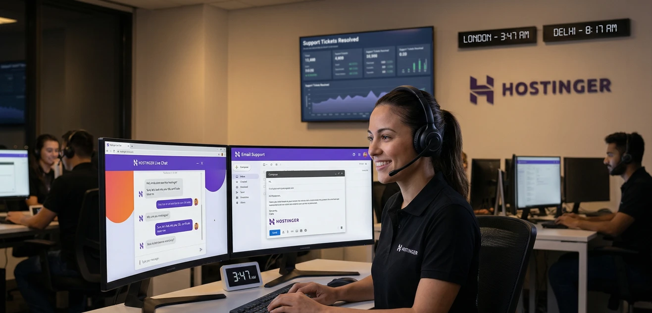 Hostinger customer support team working 24/7.
