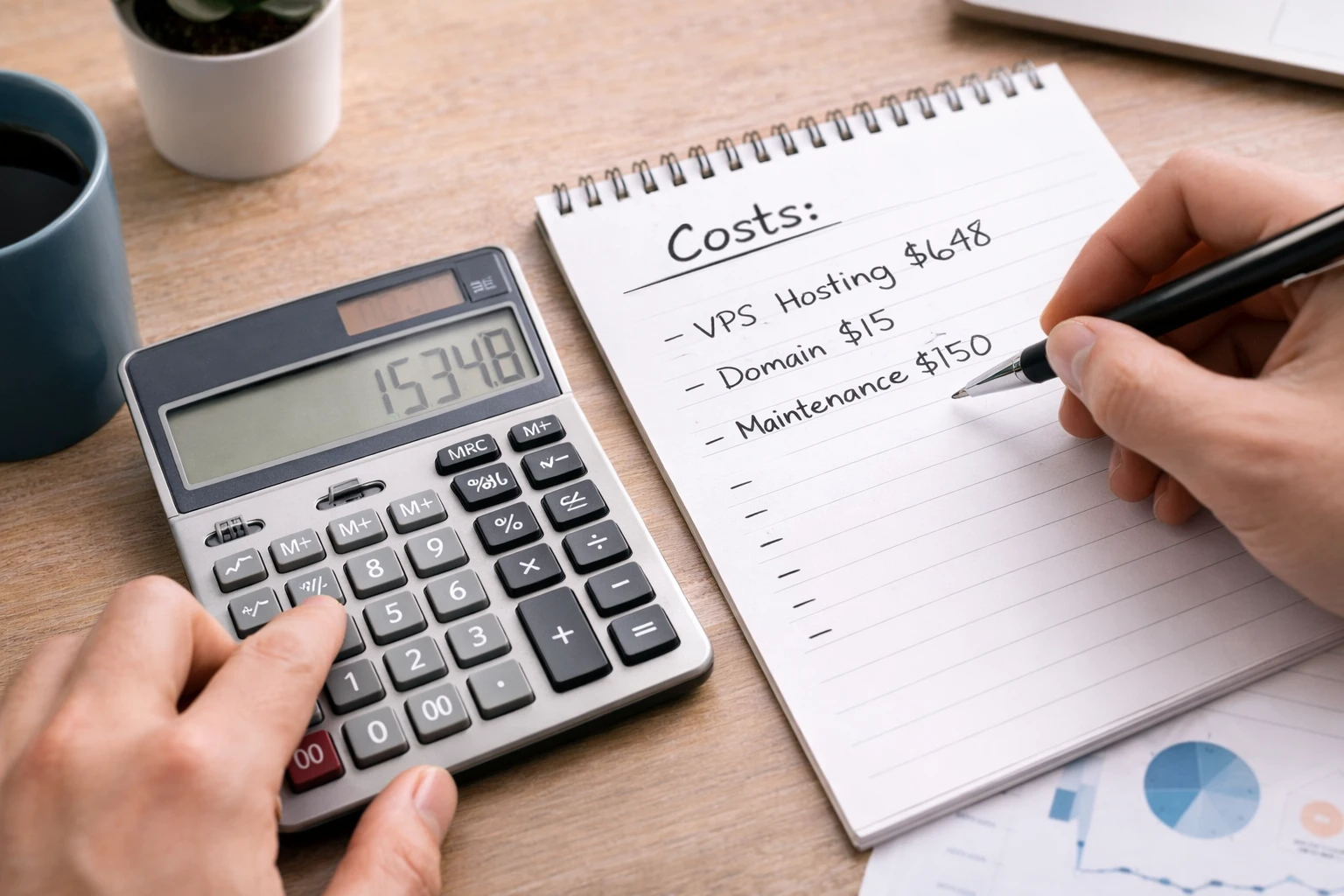Calculating cost on a wooden table.