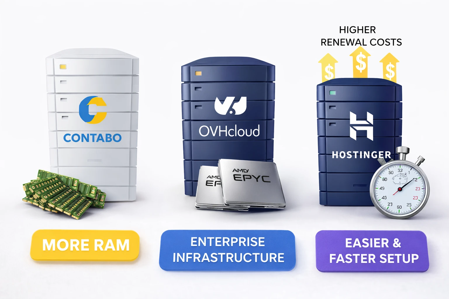 Three VPS providers compared—more RAM, enterprise power, and faster setup, with higher renewal costs highlighted.