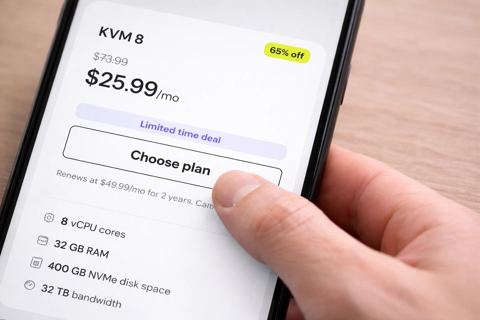 Choosing the KVM 8 plan on mobile phone.