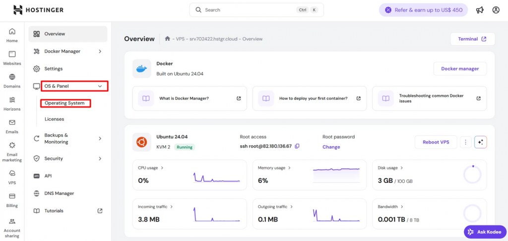 Hostinger VPS panel showing OS section, system stats, and server overview