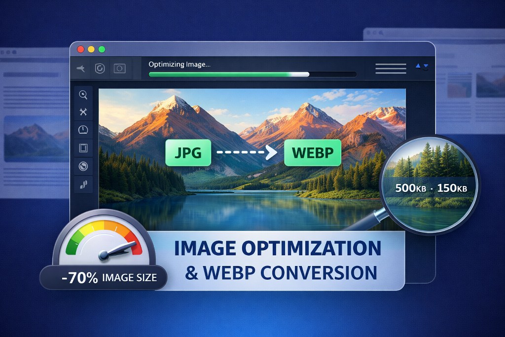 Image optimization converts JPG to WebP, reducing file size and improving performance.