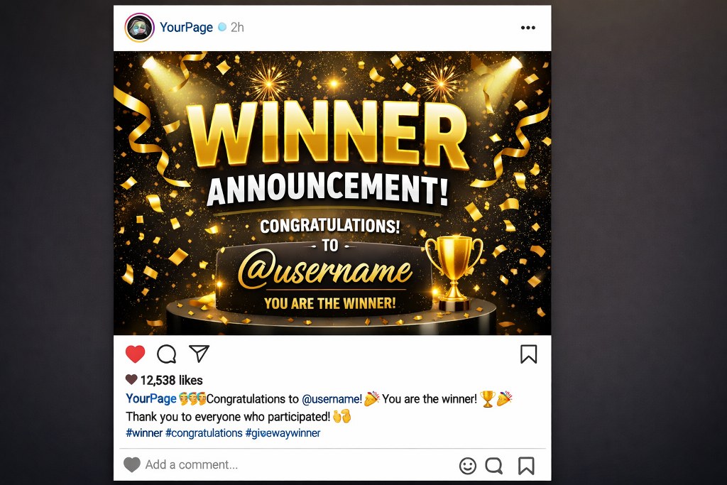 Instagram post announcing a giveaway winner with celebratory confetti and trophy visuals.