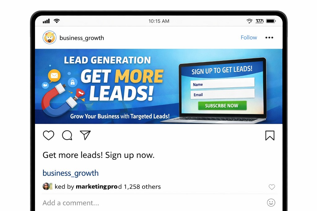 Instagram post promoting email sign-ups to generate more leads for business growth.