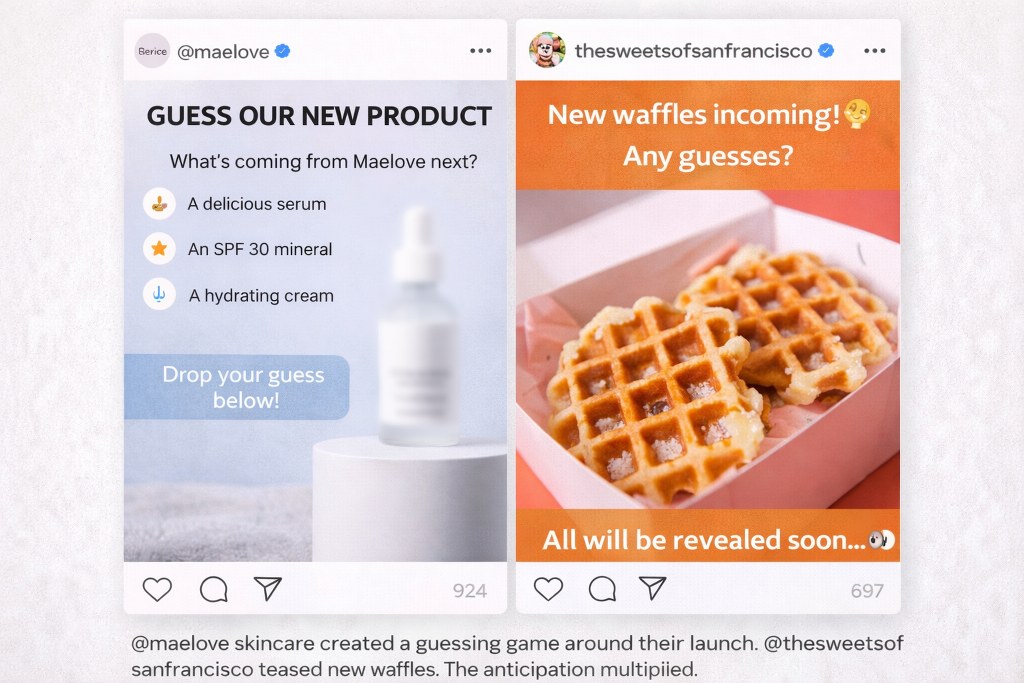 Instagram teaser posts building anticipation for upcoming product launches.