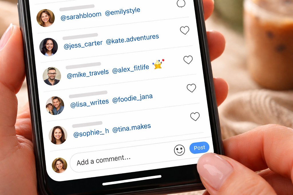 Instagram users tagging friends in the comments section of a giveaway post on a smartphone screen.
