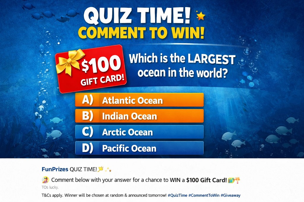 Interactive Instagram quiz post inviting followers to comment their answer for a chance to win a gift card.