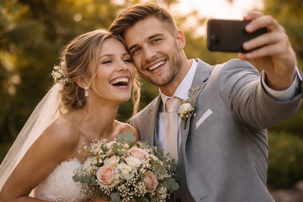 Joyful newlyweds in golden light taking photo.