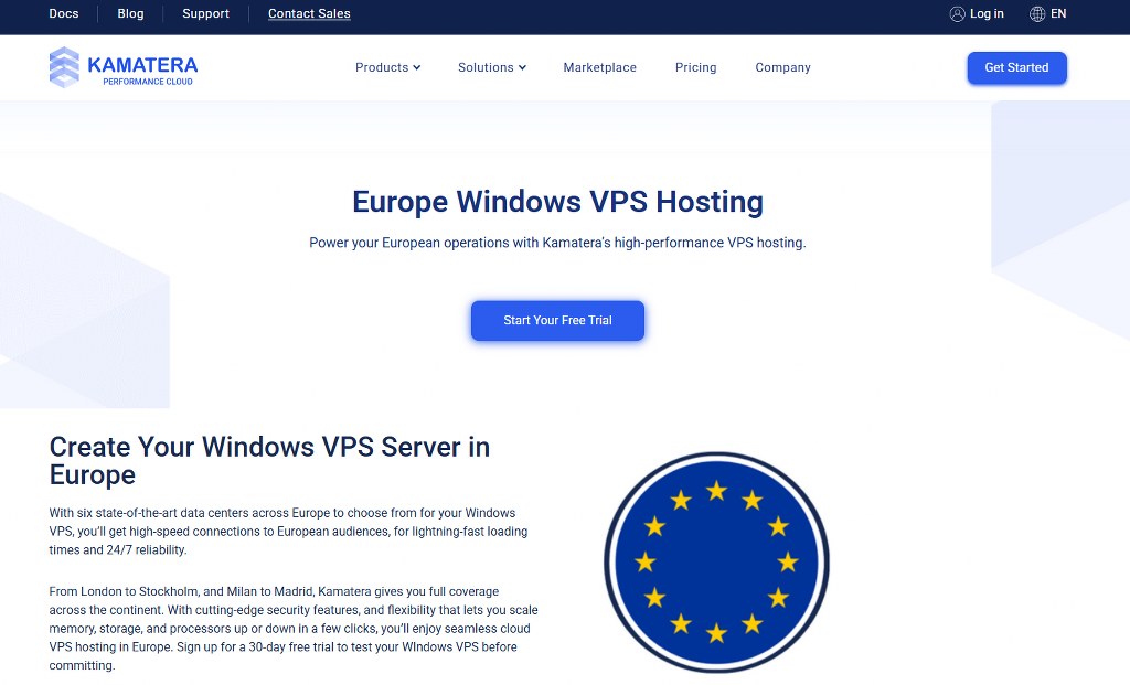Kamatera's page showing European VPS offers.