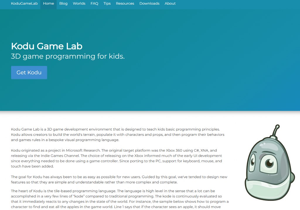 Kodu Game Lab website homepage.