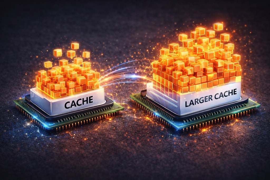 Larger cache enables faster data access and improved performance.