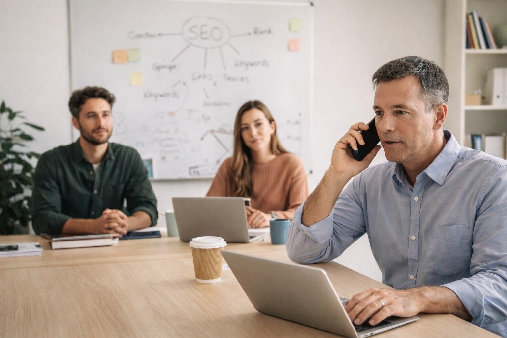 Manager on a phone call guiding an SEO team in a modern office.