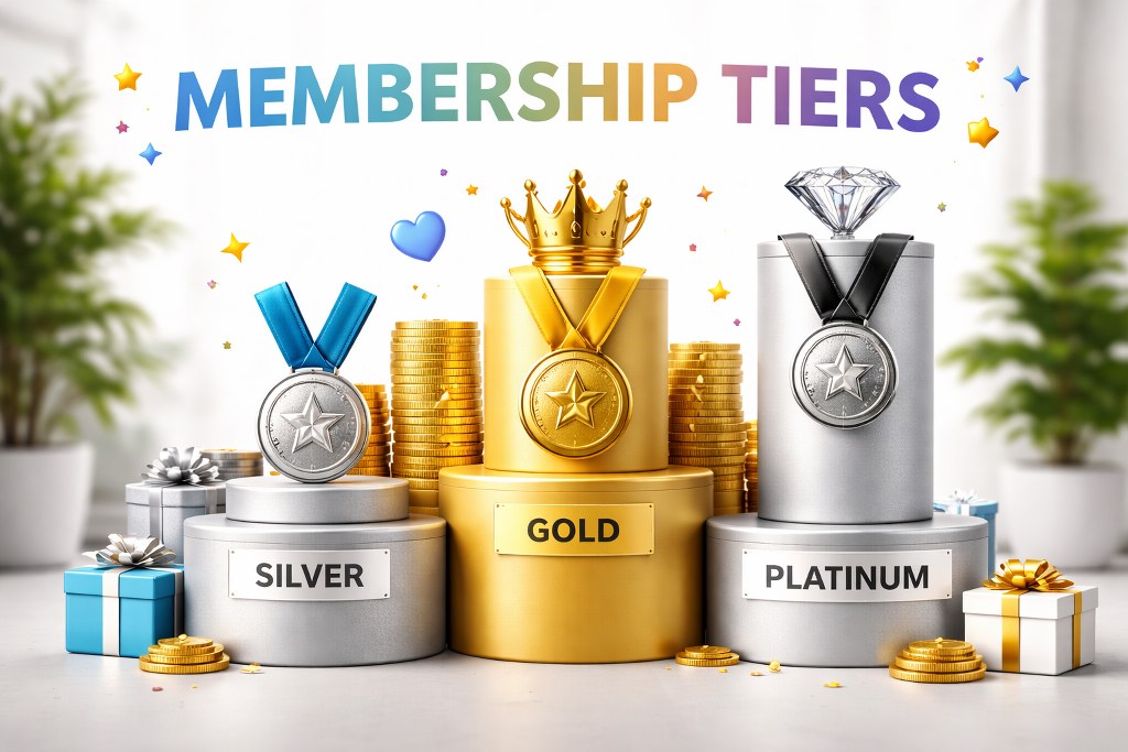Membership tiers and rewards display.