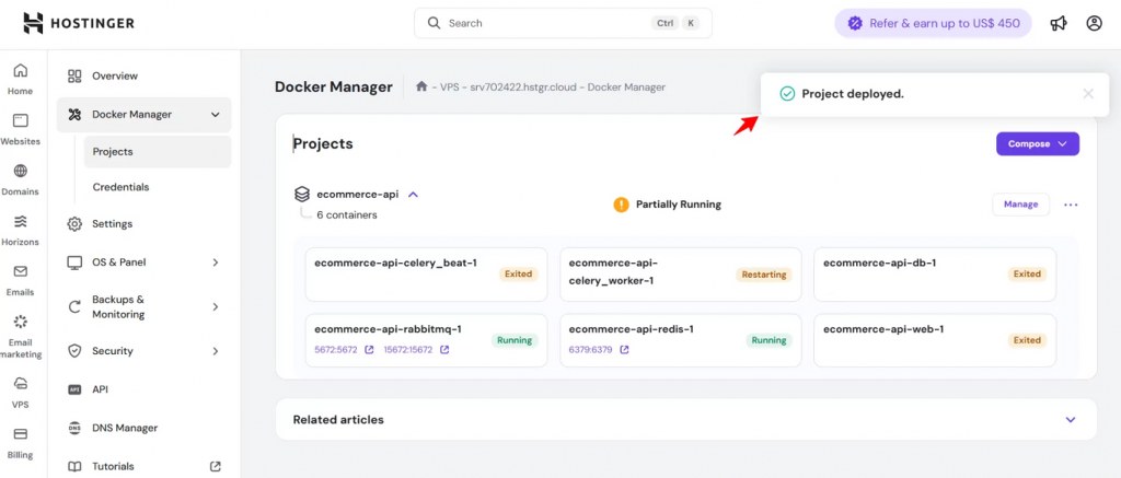 Monitor project status and container health
