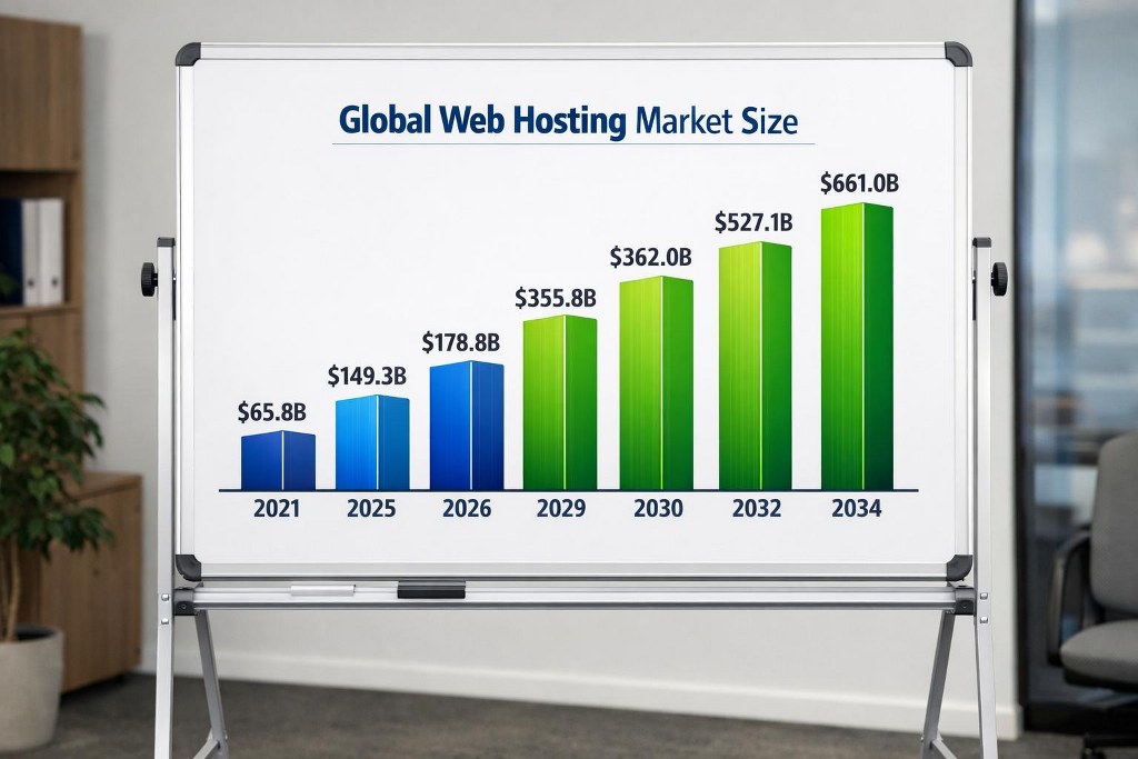 Office whiteboard displays global hosting growth.