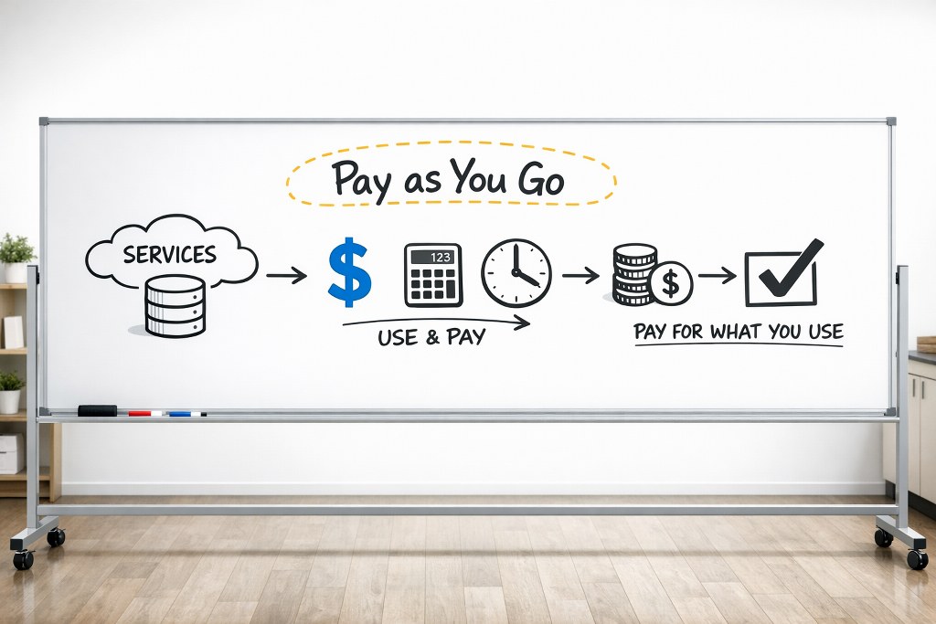 Pay-As-You-Go model on a whiteboard.