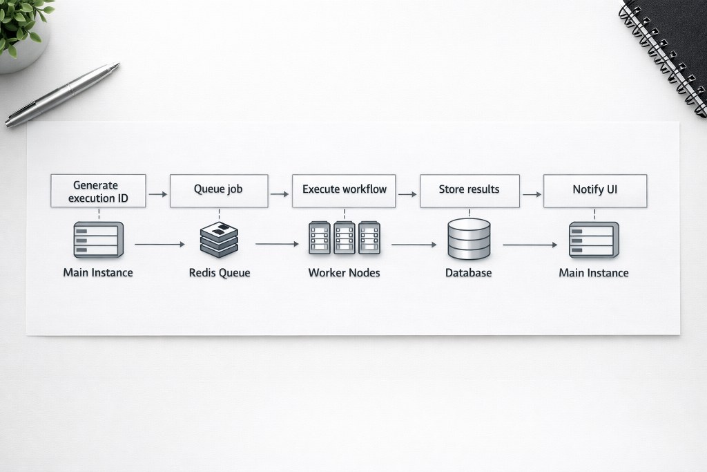 Queue mode distributes workflow execution across workers using Redis and database.