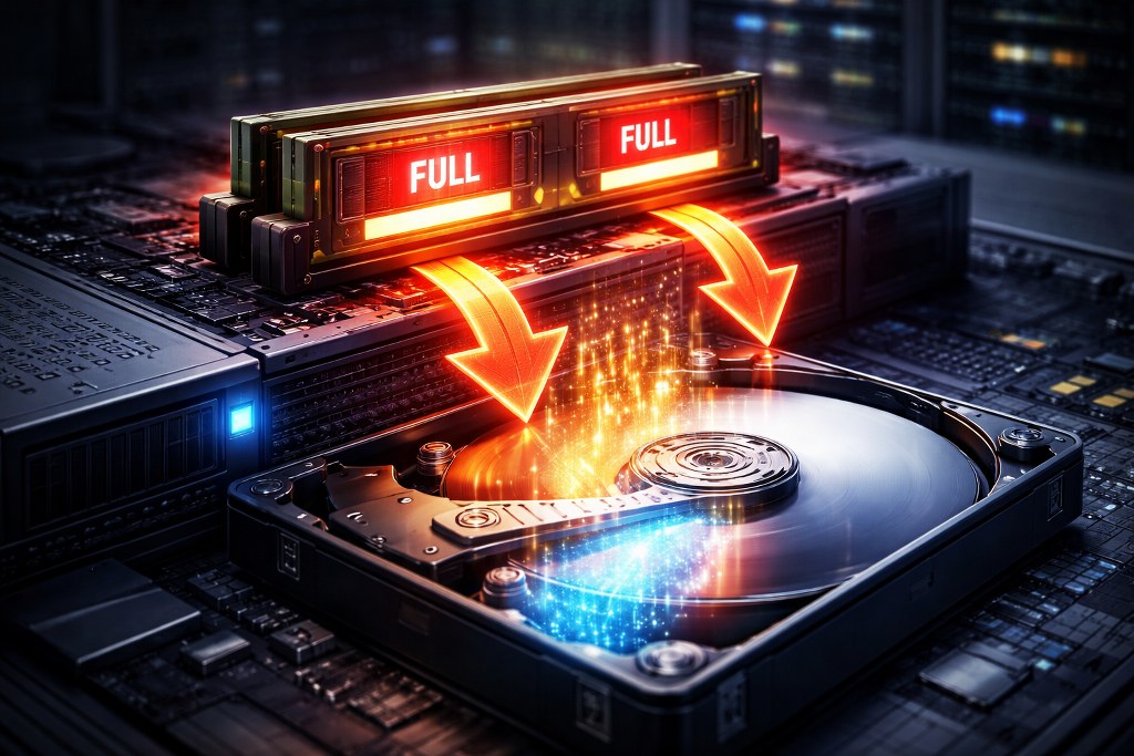 RAM is full, so data is moved to disk for storage.