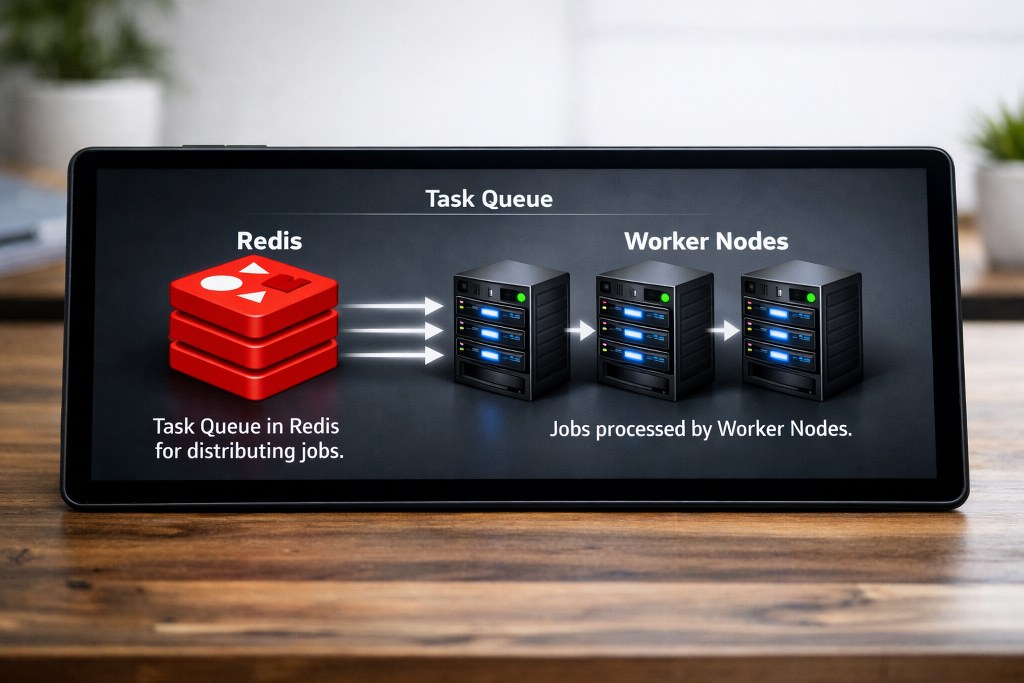 Redis queue distributing tasks efficiently to worker nodes for parallel processing.