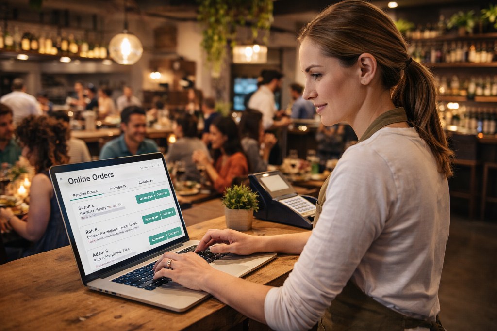 Restaurant owner managing orders online.