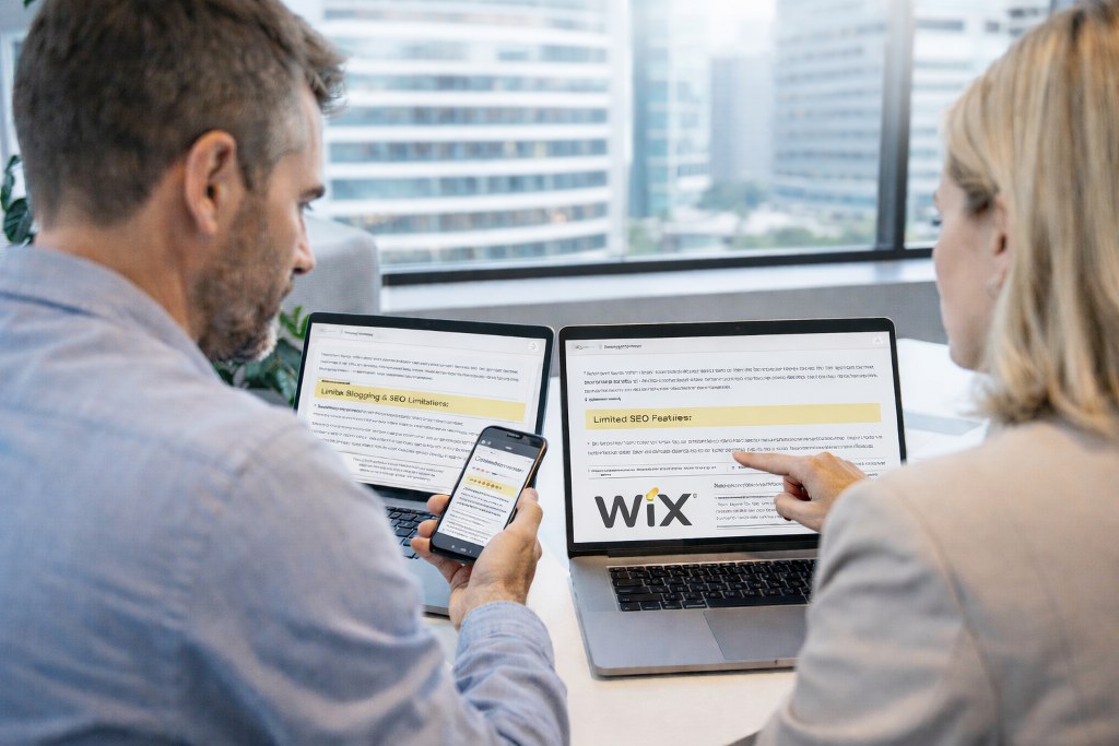 Reviewing Wix in the office.