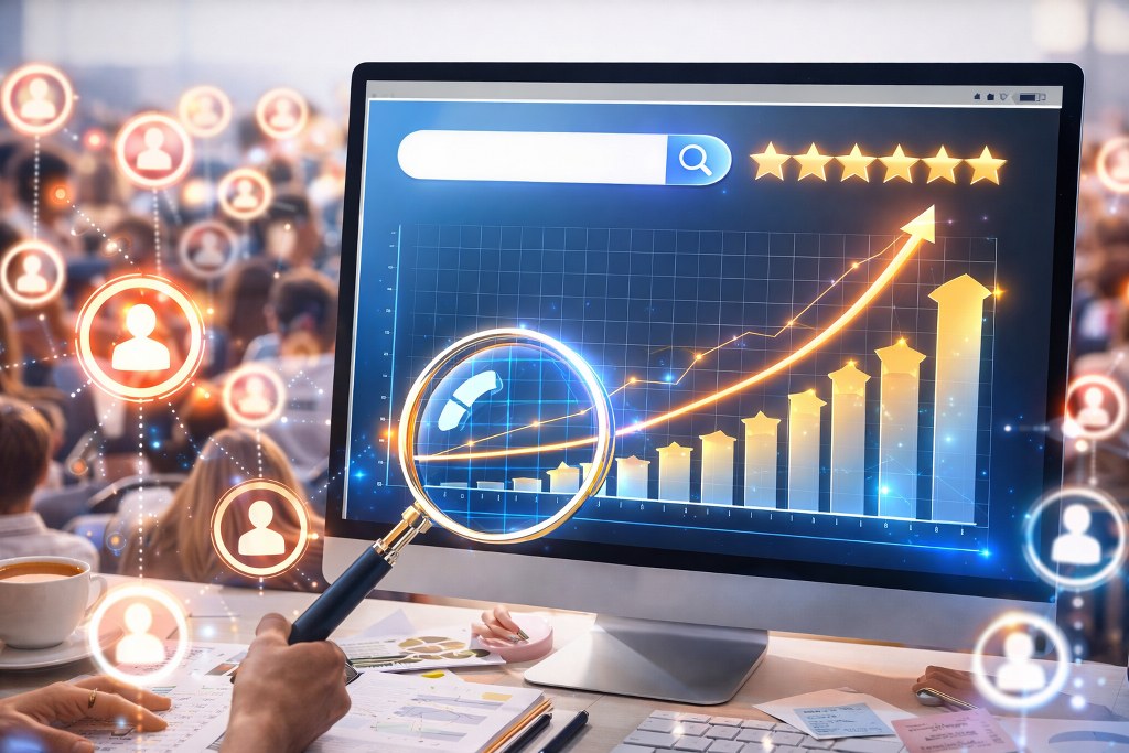 Rising chart connects to a wider audience, showing increased online visibility.
