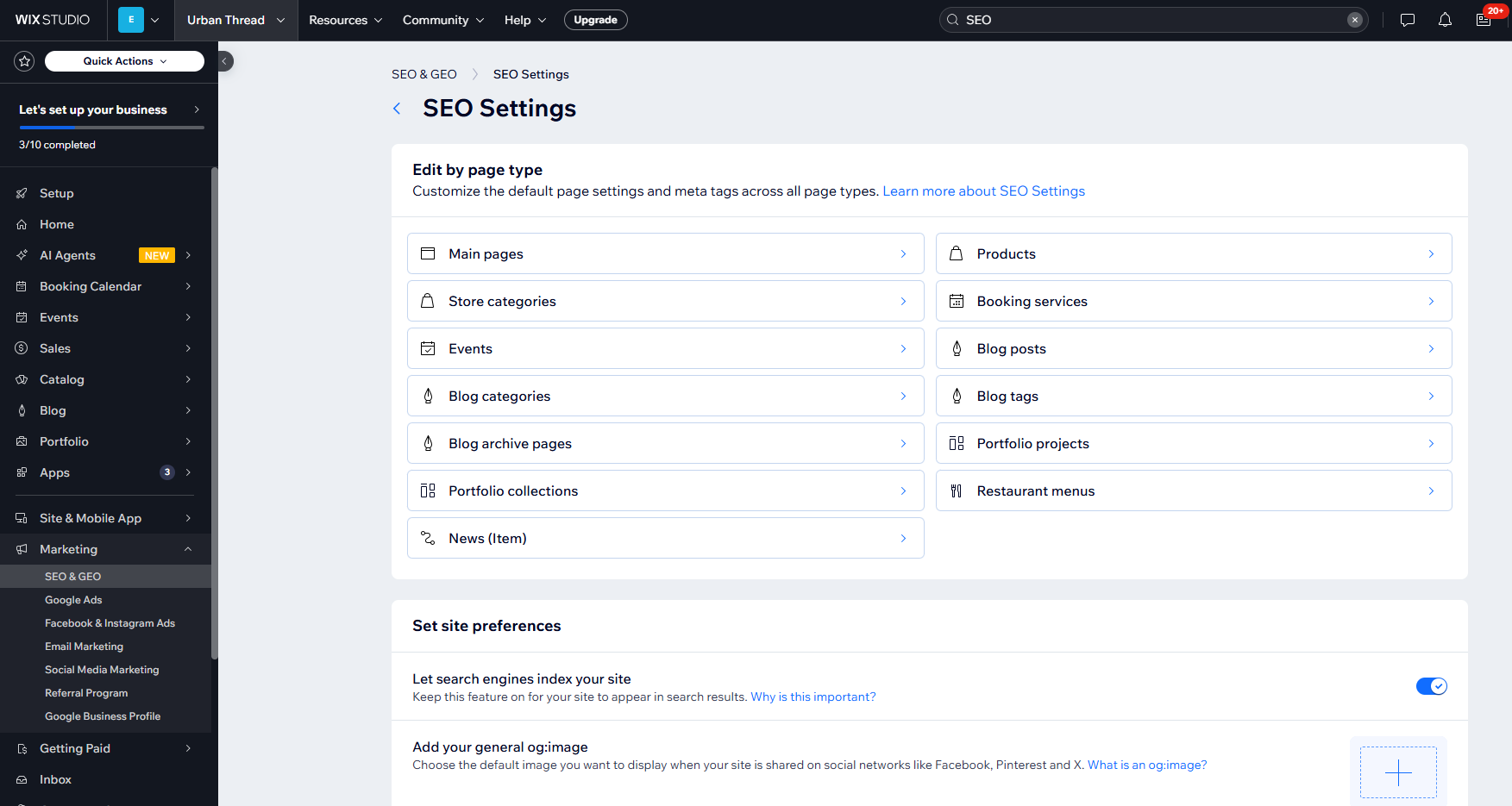 SEO settings on Wix.