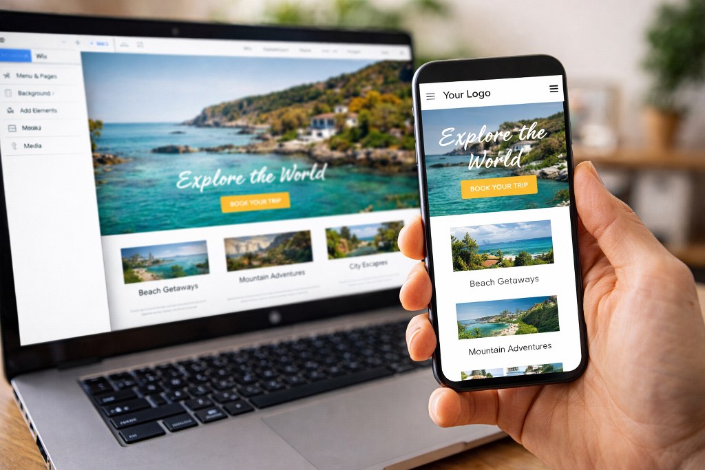 Seamless mobile optimization showing a website automatically adapting from desktop to smartphone view.