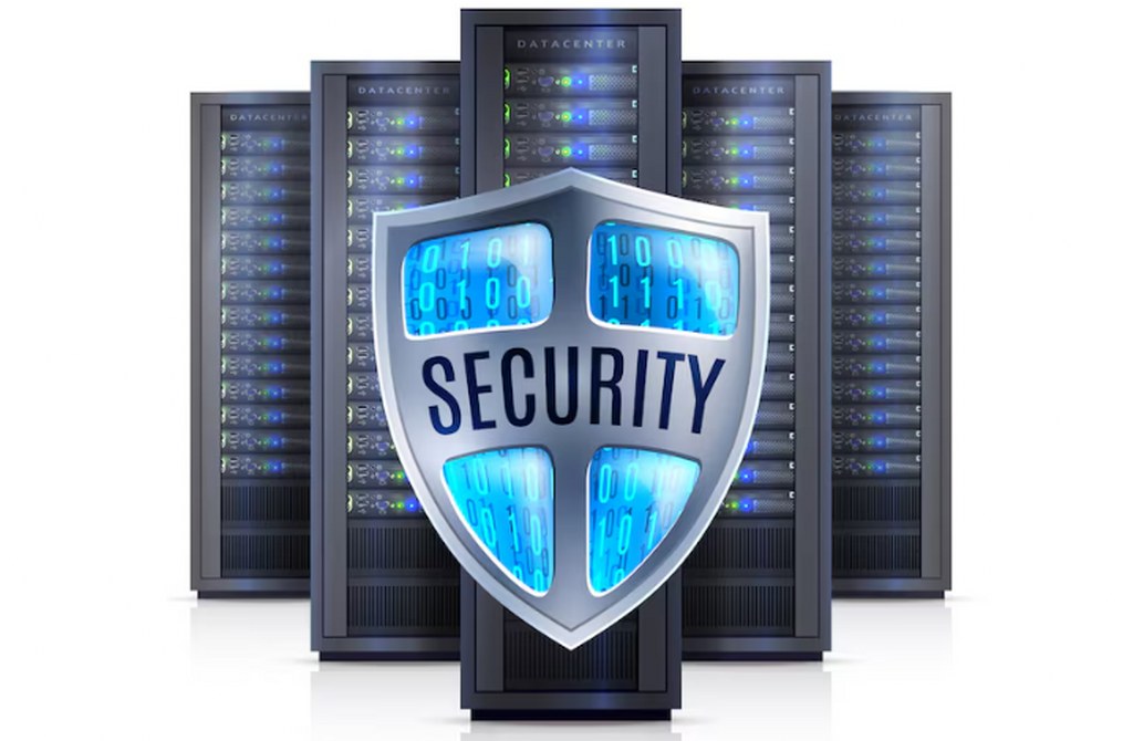 Server security illustration with a shield.