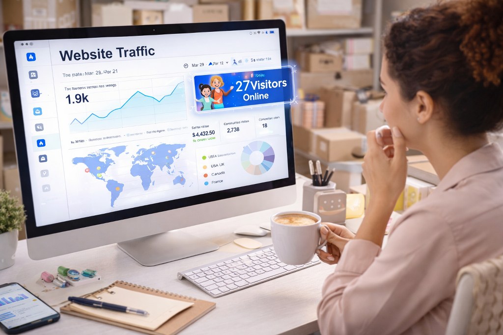 Small business owner reviews website traffic analytics on desktop.