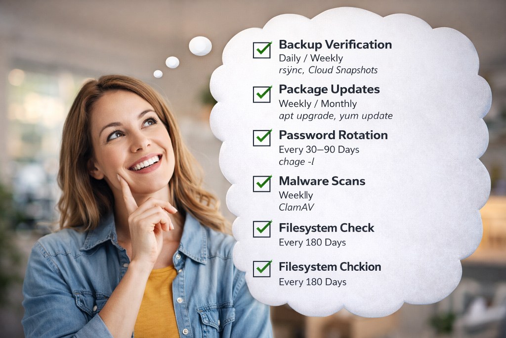 Smiling woman thoughtfully imagines a maintenance checklist