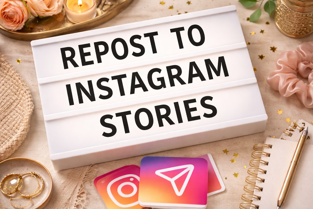 Styled workspace illustrating reposting content to Instagram Stories.
