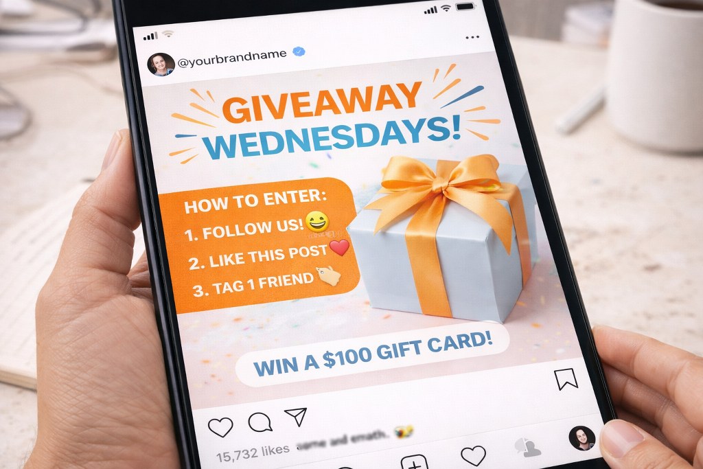 Tablet displaying an Instagram post promoting Giveaway Wednesdays.