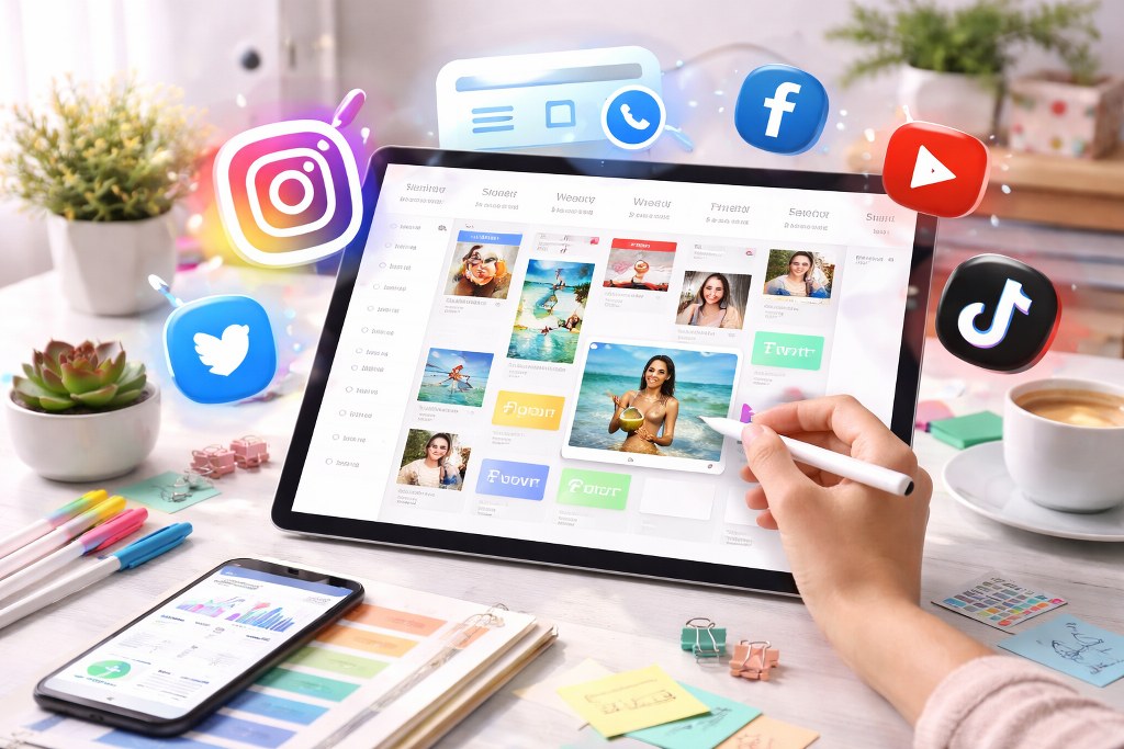 Tablet displays scheduled posts with social media icons around it.