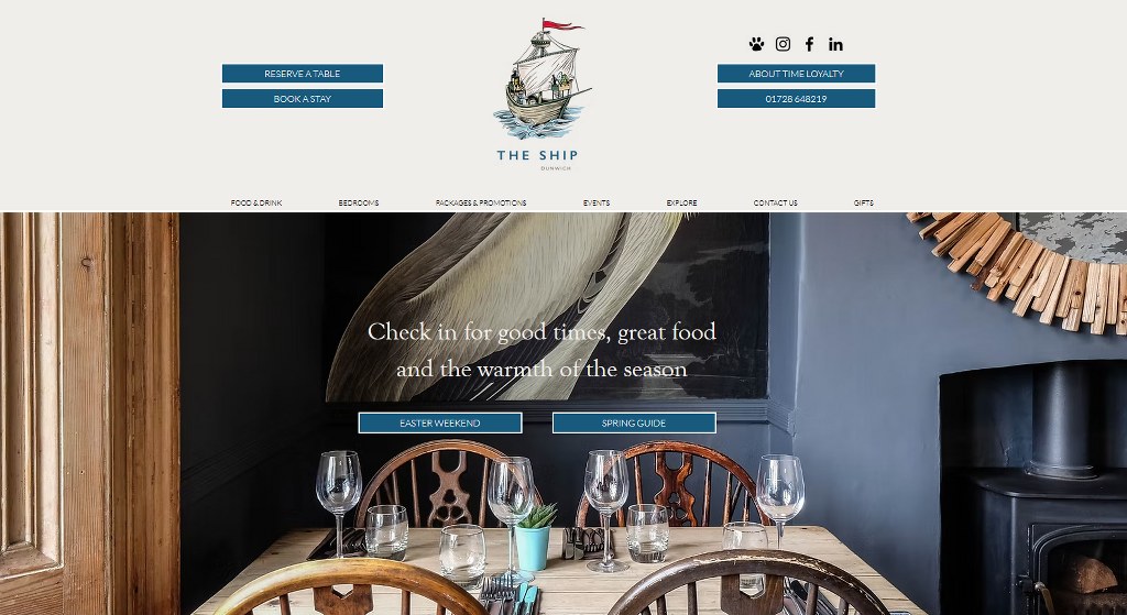 The Ship at Dunwich hotel website homepage.