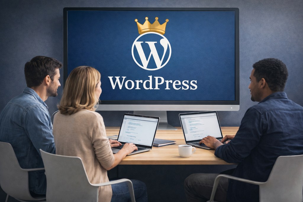Three people collaborate at a desk using laptops while a large screen behind them displays the WordPress logo