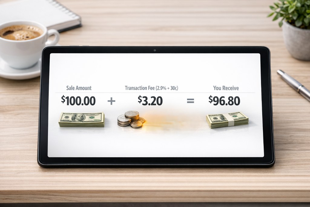 Transaction fees for a transaction on a tablet.
