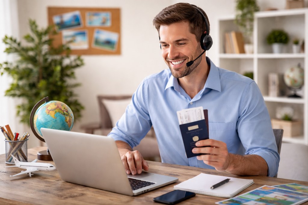 Travel agent at work from home.