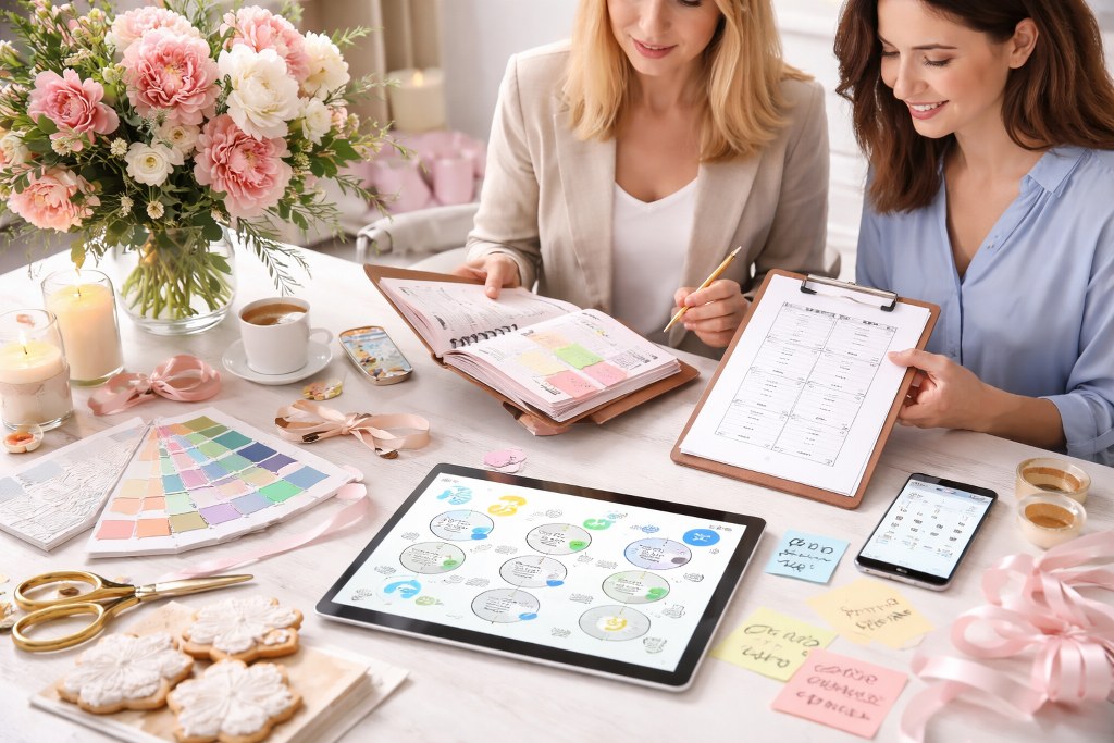 Two event planners collaborate over notes, color swatches, and decor ideas on a table.
