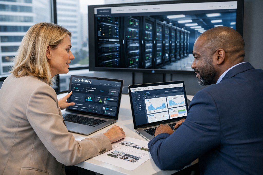 Two real estate professionals analyze property data using VPS hosting dashboards in a modern office setting.