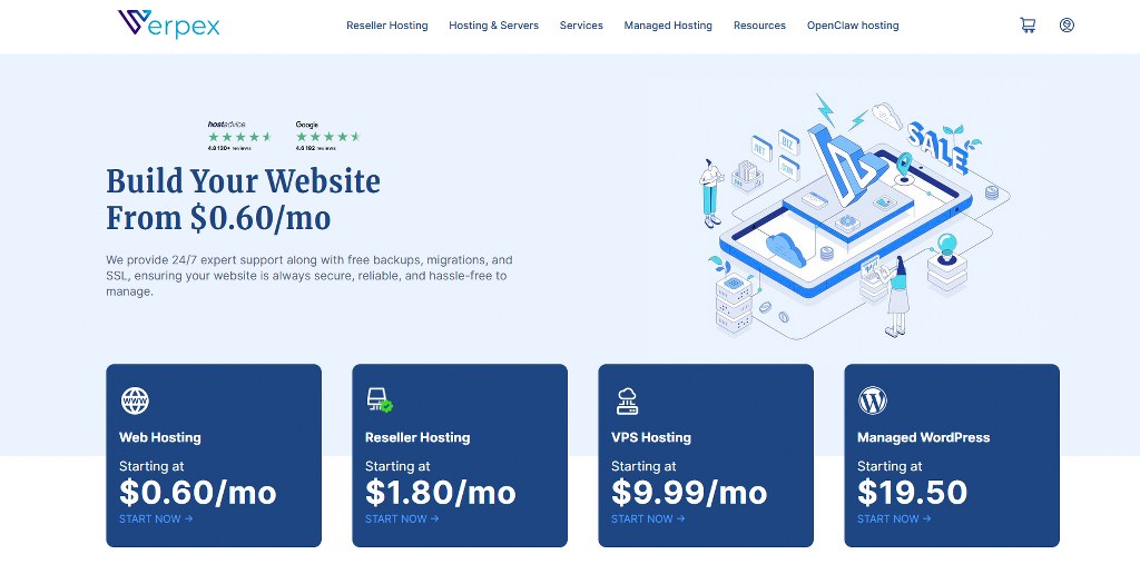 Verpex homepage showing its pricing plans with free SSL.